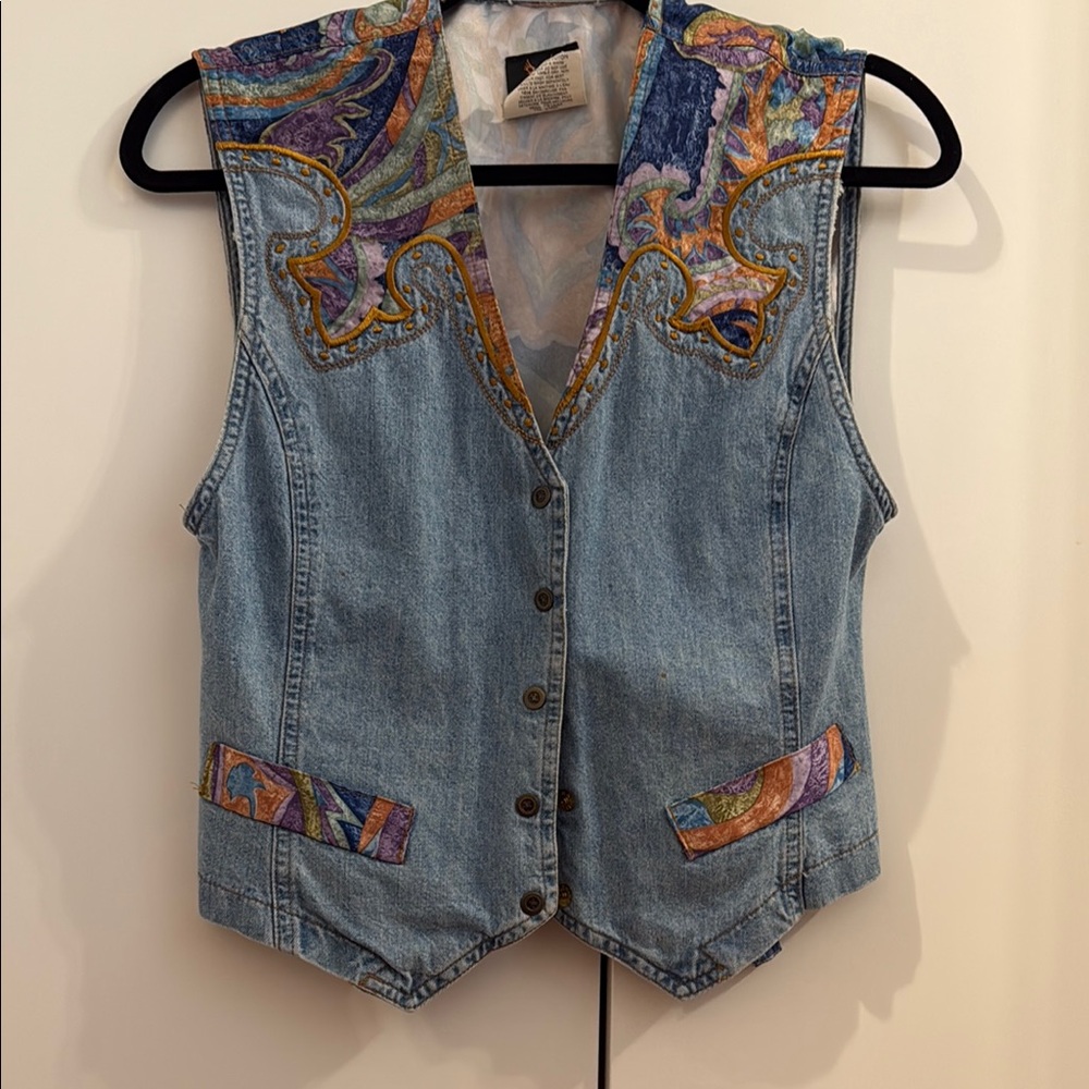 Vintage 90s Denim Vest by Manager – Made in Canada, Boho Western Tapestry Trim